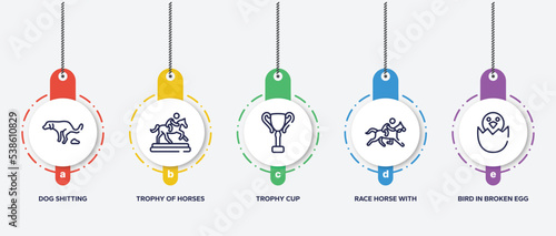 infographic element template with birds pack outline icons such as dog shitting, trophy of horses races, trophy cup, race horse with jockey, bird in broken egg vector.