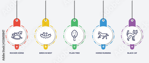 infographic element template with halloween outline icons such as rocker horse, birds in nest, plain tree, horse running, black cat vector.