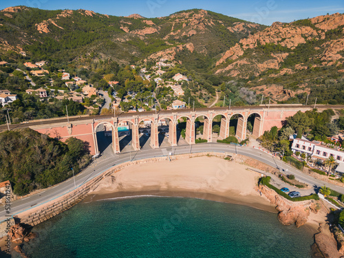 Aerial flight over Viaduc d'Anthéor and the Massif de L'Esterel on the coast of Mediterranean Sea between Cannes and Saint Raphael. Provence-Alpes-Côte d'Azur region in the south of France.