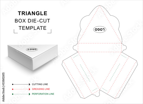 Triangle box die cut template with 3D blank vector mockup for food packaging