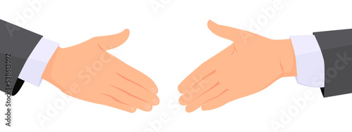 Two hands wearing in business suit moving towards each other for a handshake. White background. Flat vector illustration.