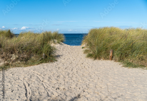 beach entrance through the dunes, baltic sea in the background