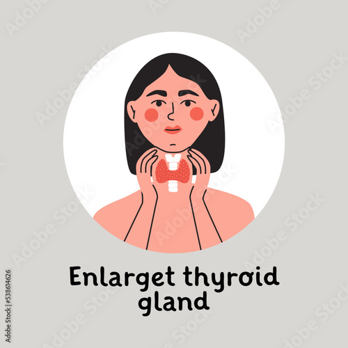 Woman showing enlarget thyroid gland on her neck. Endocrinology system symbol, organ responsible for hormone production. Flat vector isolated illustration