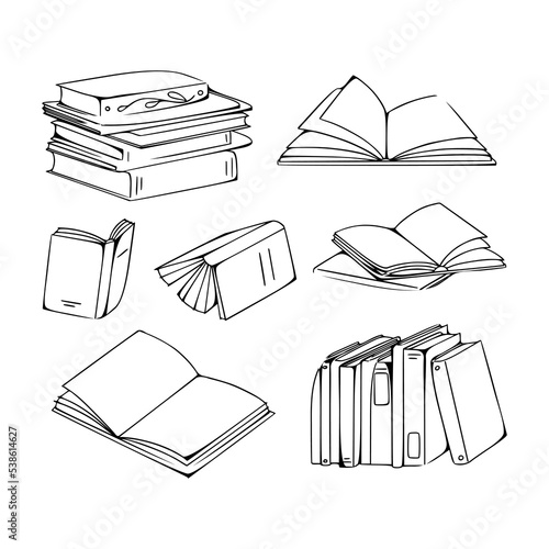 Stacks of books for reading, pile of textbooks for education. Set with literature, encyclopedias, planners with bookmarks. Outline vector illustration isolated on green background
