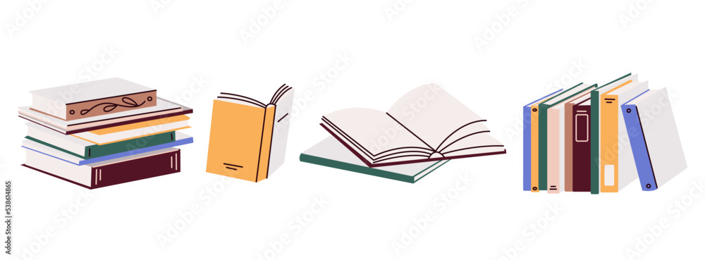 Stacks of books for reading, pile of textbooks for education. Set of literature, dictionaries, encyclopedias, planners with bookmarks. Colored flat vector illustration isolated on white background Stacks of books for reading, pile of textbooks for education. Set of literature, dictionaries, encyclopedias, planners with bookmarks. Colored flat vector illustration isolated on white background