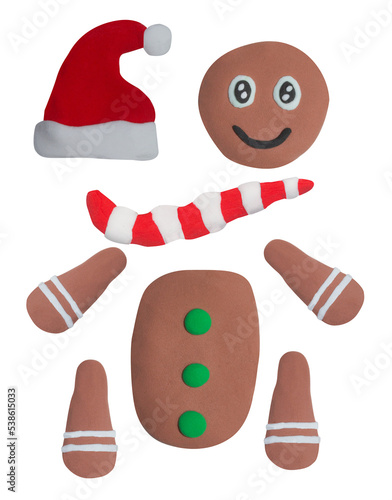 object Christmas holiday ginger bread man made from plasticine for graphic designer use on white background