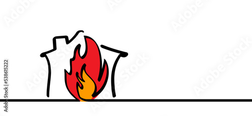 Cartoon fire, flame line pattern. Fireman's job. Vector flames icon or symbol. Burn, ablaze logo. Drawing flaming house or home, damage. Insurance event. Accident problem. Burning house.