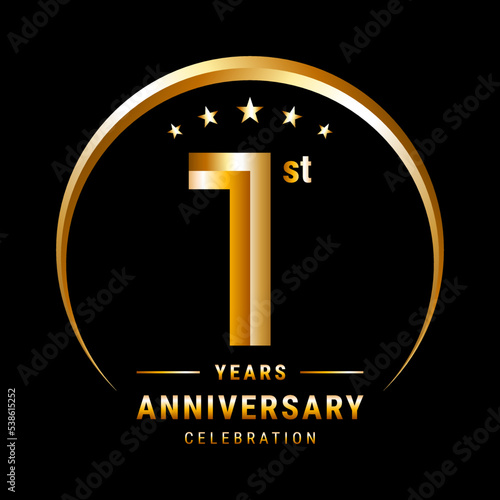 1st Anniversary, Logo design for anniversary celebration with gold ring isolated on black background, vector illustration