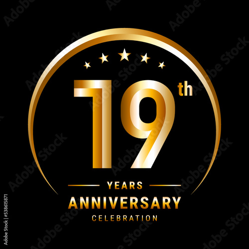 19th Anniversary, Logo design for anniversary celebration with gold ring isolated on black background, vector illustration