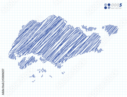 Photography Blue vector silhouette chaotic hand drawn scribble sketch of Singapore map on grid background
