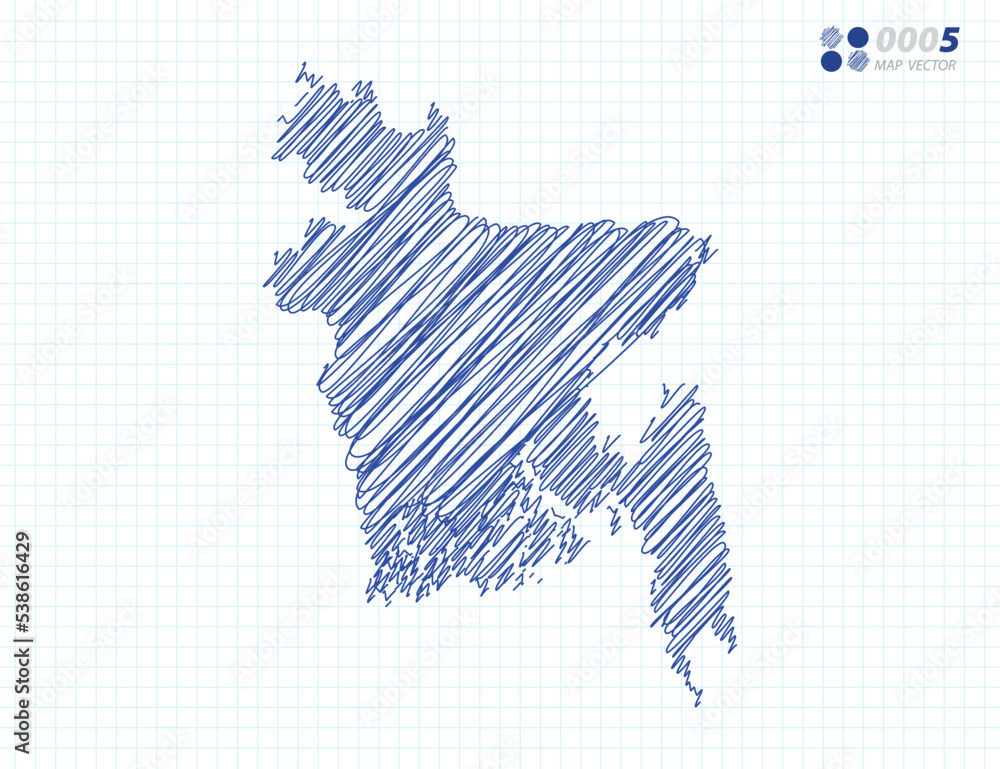 Blue vector silhouette chaotic hand drawn scribble sketch of Bangladesh map on grid background.