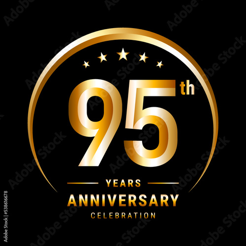 95th Anniversary, Logo design for anniversary celebration with gold ring isolated on black background, vector illustration