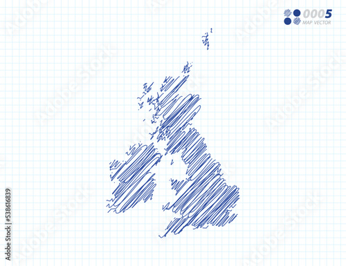 Blue vector silhouette chaotic hand drawn scribble sketch of United Kingdom (UK) map on grid background.