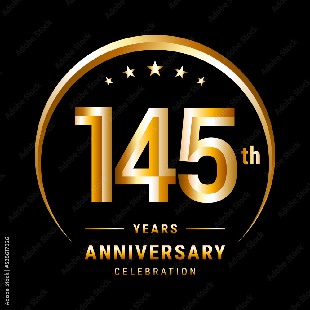 145th Anniversary, Logo design for anniversary celebration with gold ring isolated on black background, vector illustration 145th Anniversary, Logo design for anniversary celebration with gold ring isolated on black background, vector illustration