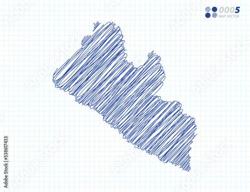 Blue vector silhouette chaotic hand drawn scribble sketch of Liberia map on grid background.