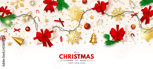 Christmas holiday background. Border with winter ornament elements with space for text. Frame with gift box covered bow, golden snowflakes decor. Beautiful happy new year banner. Vector illustration