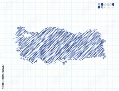 Blue vector silhouette chaotic hand drawn scribble sketch of Turkey map on grid background.