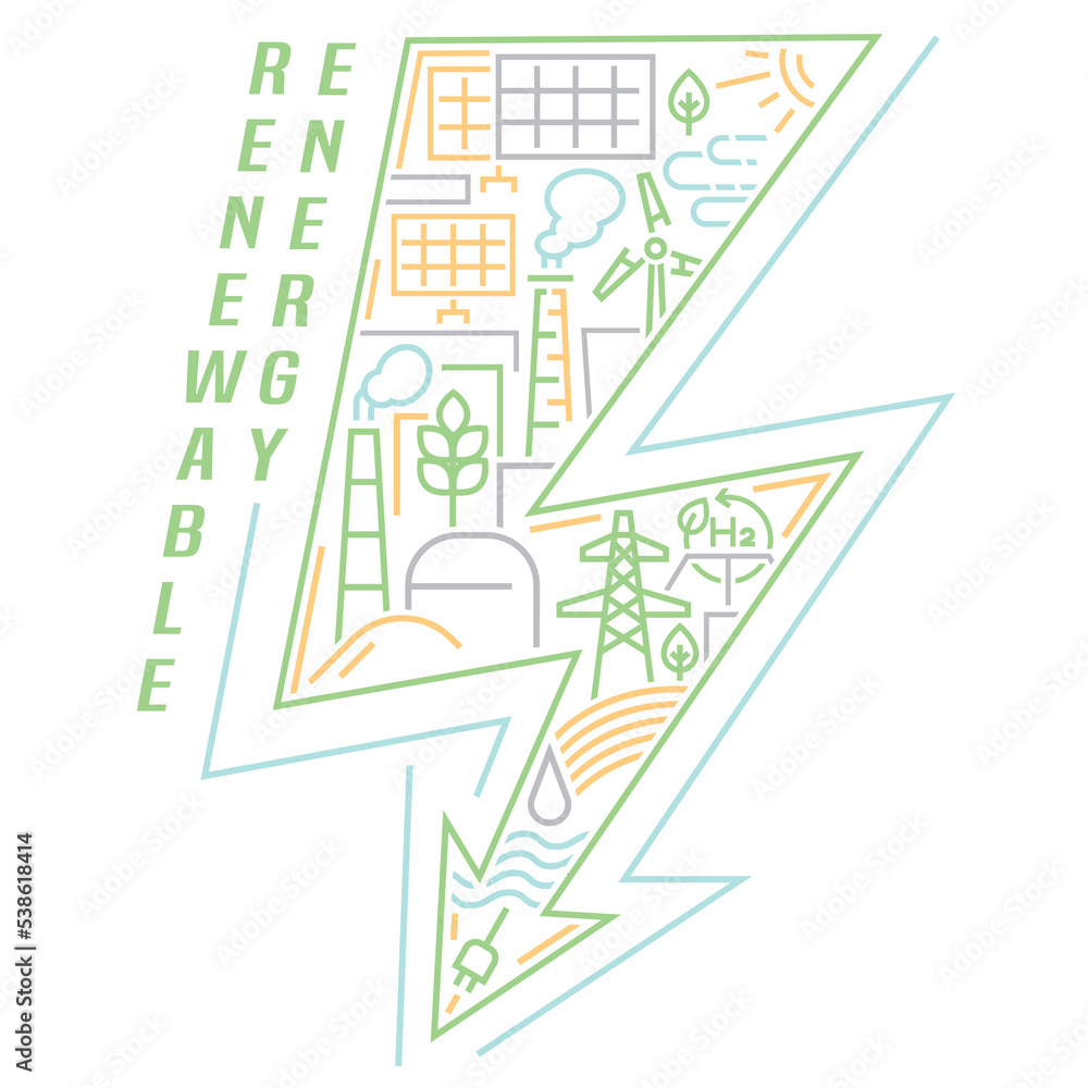 Renewable sustainable energy. Landscape poster. Vector illustration