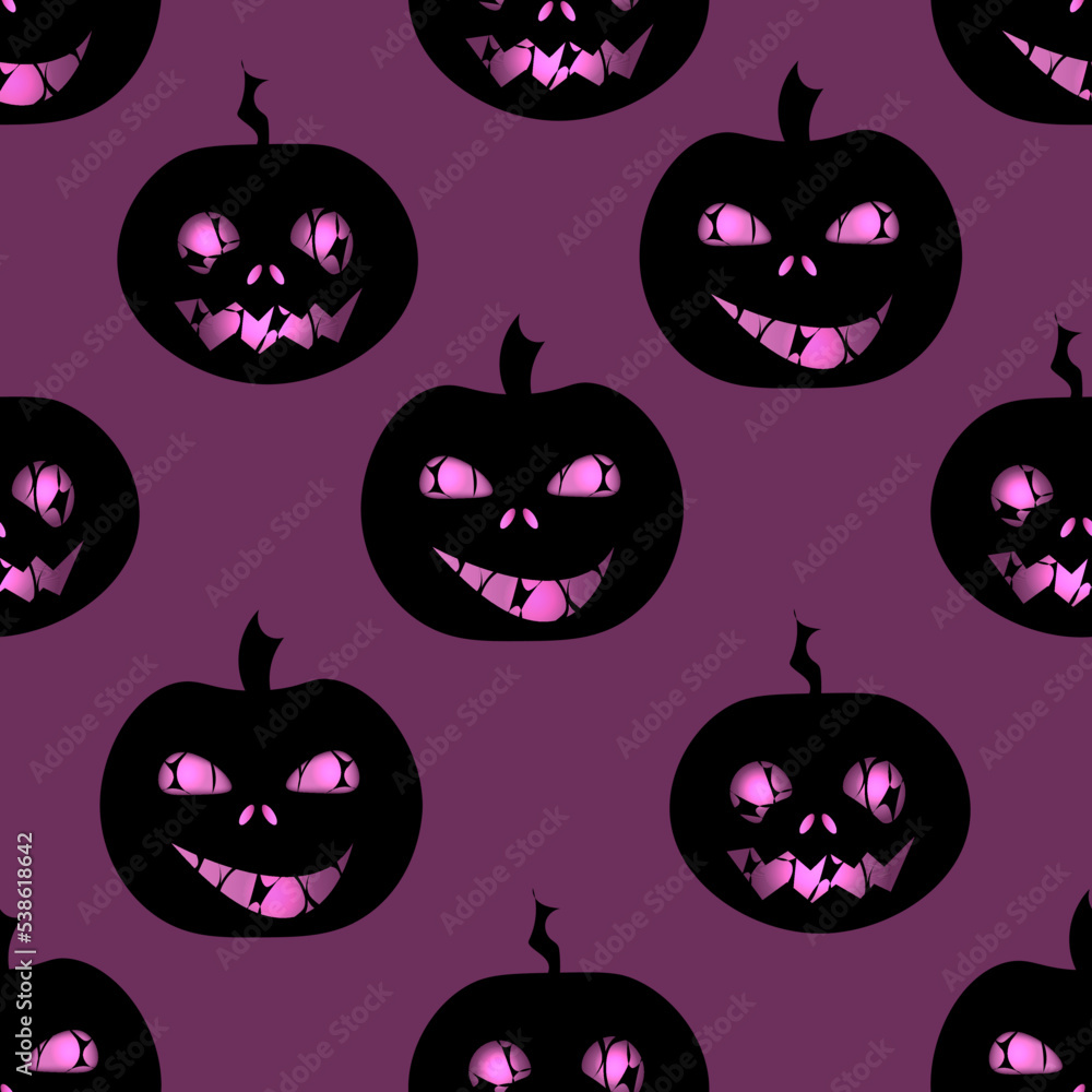 Fototapeta premium Halloween seamless pattern with style pumpkins on purple background. Modern halloween concept with scary jack o lantern. Print for halloween banner.