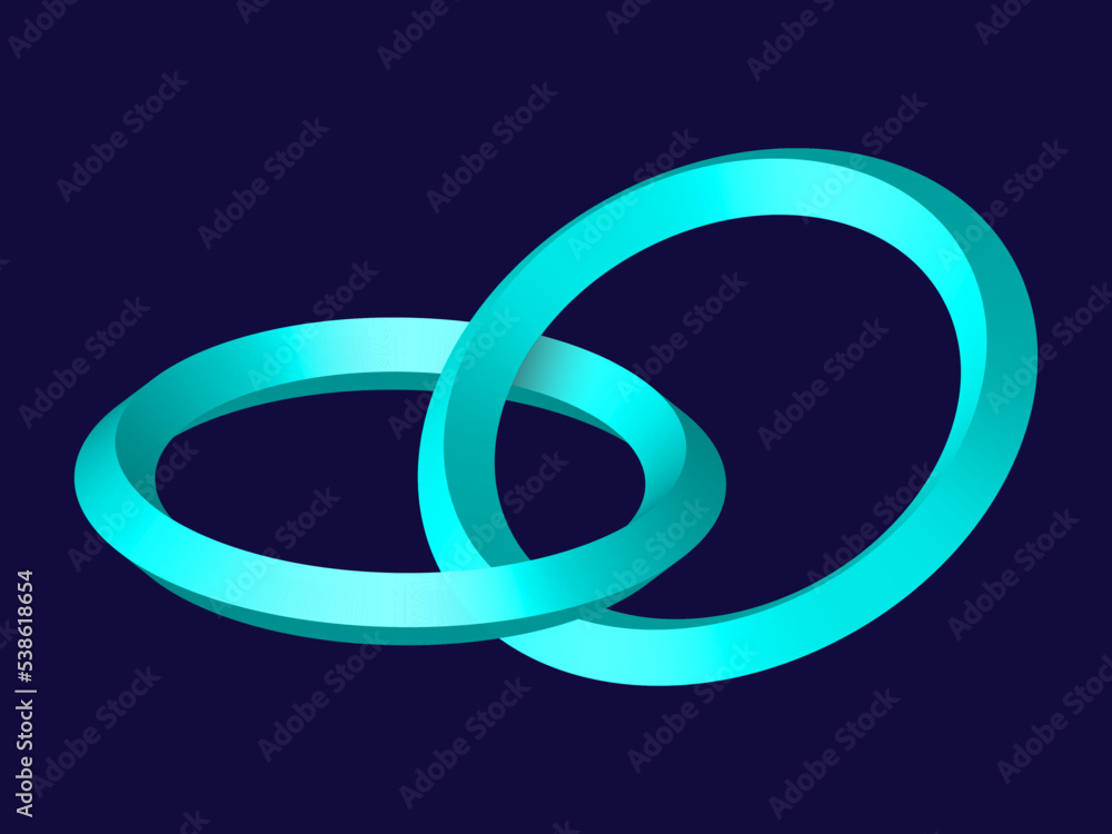 Two abstract interlocking rings. Two interlocking mint rings on dark blue background. Quality realistic vector, 3d illustration or your web site design, app, UI. EPS10. Two abstract interlocking rings. Two interlocking mint rings on dark blue background. Quality realistic vector, 3d illustration or your web site design, app, UI. EPS10.
