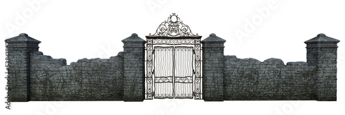 Old black iron closed gate in the middle of a grey stone wall. 3D illustration isolated on transparent background.