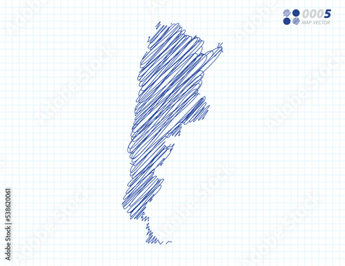 Blue vector silhouette chaotic hand drawn scribble sketch of Argentina map on grid background.