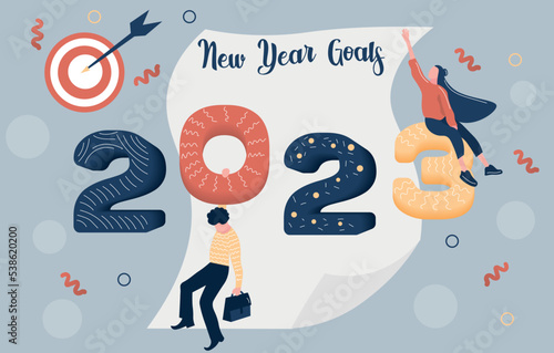 Different people, paper sheet and figure 2023 on grey background. Concept of new year goals