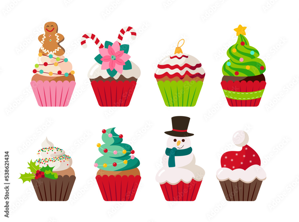 Christmas cupcakes set - cute winter sweets food. Xmas icing muffin santa claus hat, snowman, christmas tree, sugar cream with mistletoe, giengerbread man. Flat cartoon dessert vector illustration. Christmas cupcakes set - cute winter sweets food. Xmas icing muffin santa claus hat, snowman, christmas tree, sugar cream with mistletoe, giengerbread man. Flat cartoon dessert vector illustration.