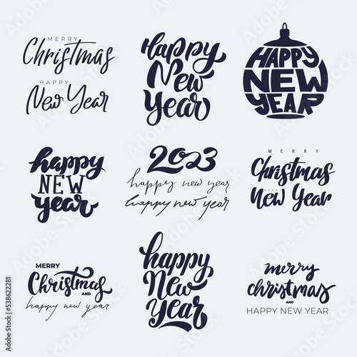 Set of Happy New Year hand lettering congratulate. Hand drawn 2023 logo for card, postcard, calendar, promotion, sale design template. Vector Christmas elements, isolated on white background.