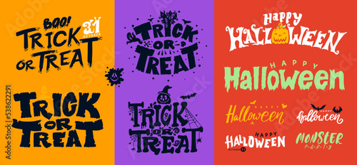 Happy halloween greeting cards lettering set. Halloween lettering phrases set. Halloween greeting card calligraphy. Trick or treat lettering. Hand drawn vector, creepy, spooky elements, sketch, icon.