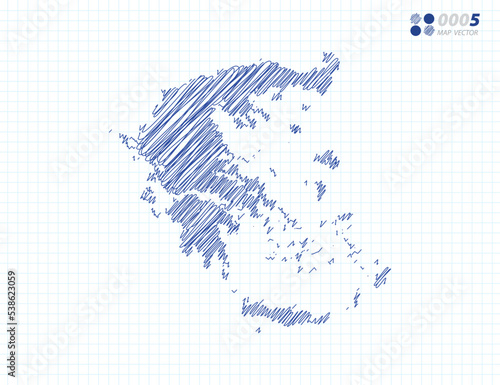 Blue vector silhouette chaotic hand drawn scribble sketch of Greece map on grid background.