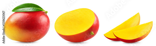 Mango isolated set. Collection of ripe red mango on a white background. Fresh fruits.