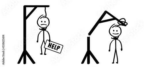 Cartoon stickman stick figure man. Vector Gallow symbol. Gallows glyph icon or logo, hang and knot, rope sign. Hangman or hangwoman noose knot. Drawing happy people.