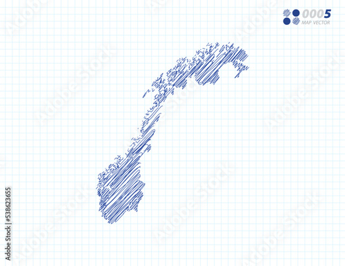 Blue vector silhouette chaotic hand drawn scribble sketch of Norway map on grid background.