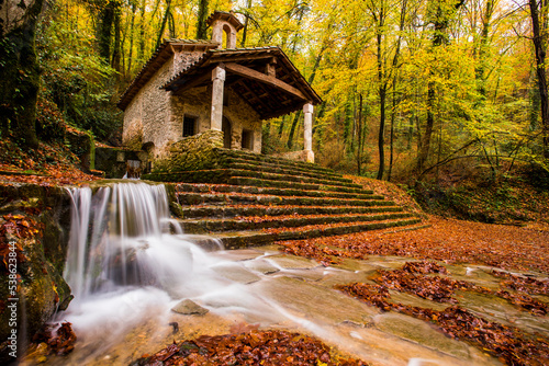 Autumn in Sant Marti del Corb church, La Garrotxa, Spain photo