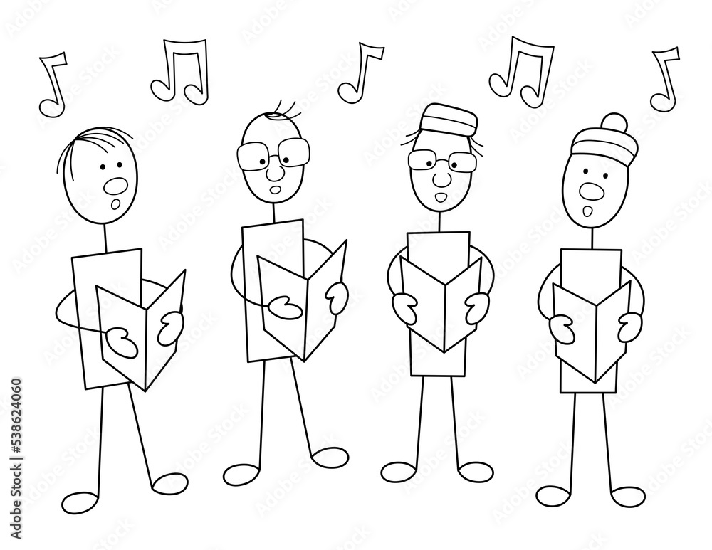 black and white cartoon choir singers. funny design with stick figure ...