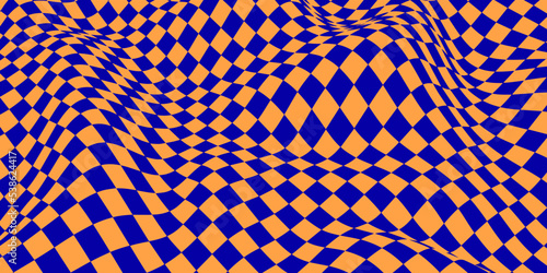 Wavy chess board. Blue-orange chessboard concept. Wave distortion effect. Vector illustration.