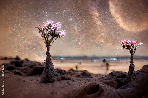 Fantasy serene landscape with alien pink trees on a beautiful unspoilt white and yellow sand beach with the stars and milkyway shining in multitude colors, beatufiul water, night astrophotography, AI  photo