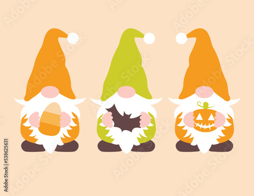 Halloween gnomes Svg cut file. Cute Halloween gnomes holding candy corn, pumpkin and bat. Kids Halloween shirt design. Vector illustration isolated on pastel background