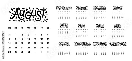 Calendar 2023 - vector illustration. Week starts on Sunday.