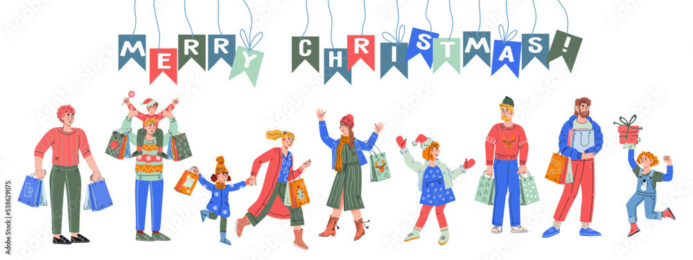 Christmas sale and holiday market banner backdrop with happy families buying presents, flat cartoon vector illustration isolated on white background.