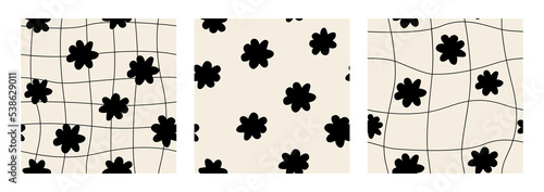 Vector seamless pattern with wavy distorted cage and abstract black silhouette flowers. Twisted checkered funky background. 90s, 00s aesthetic