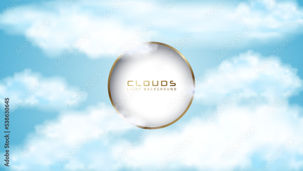 White clouds blue sky vector background with golden round frame and ...