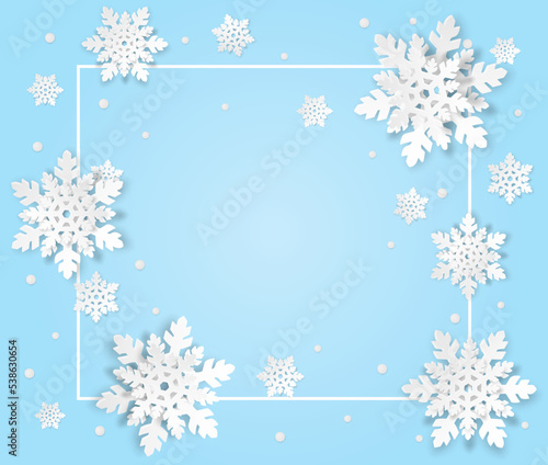 Winter season. Design with white snowflakes on blue background. paper art style. vector.