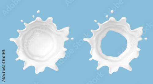 Milk splash isolated on blue background. Natural dairy product, yogurt or cream splash with flying drops. Realistic Vector illustration
