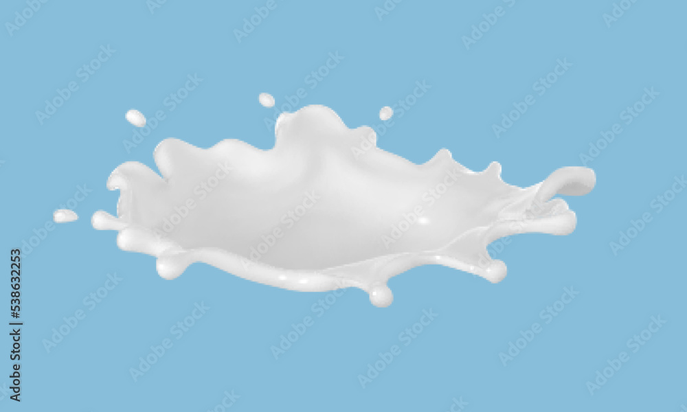 Milk or yogurt splash isolated on blue background. Natural dairy product, yogurt or cream with flying drops. Realistic vector illustration