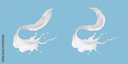 Milk splash set isolated on blue background. Realistic vector illustration.