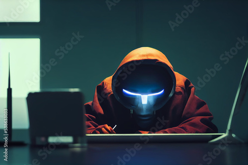 Ein Hacker arbeitet vertieft nach vorne gebeugt an einem Notebook photo