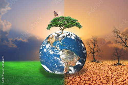 Comparative picture between drought, global warming effect and refreshing area. The concept of changing brushes. Love the world. Save the environment.