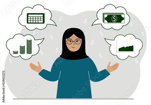 Happy muslim woman thinking about finances. In my thoughts money, calculator, charts. For posters, banners, websites.